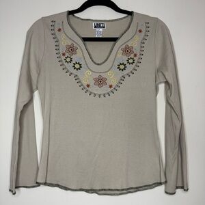 VTG 90s Y2K 70s Hippie Prairie Tan Floral Embroidered Bellsleeve Longsleeve Top